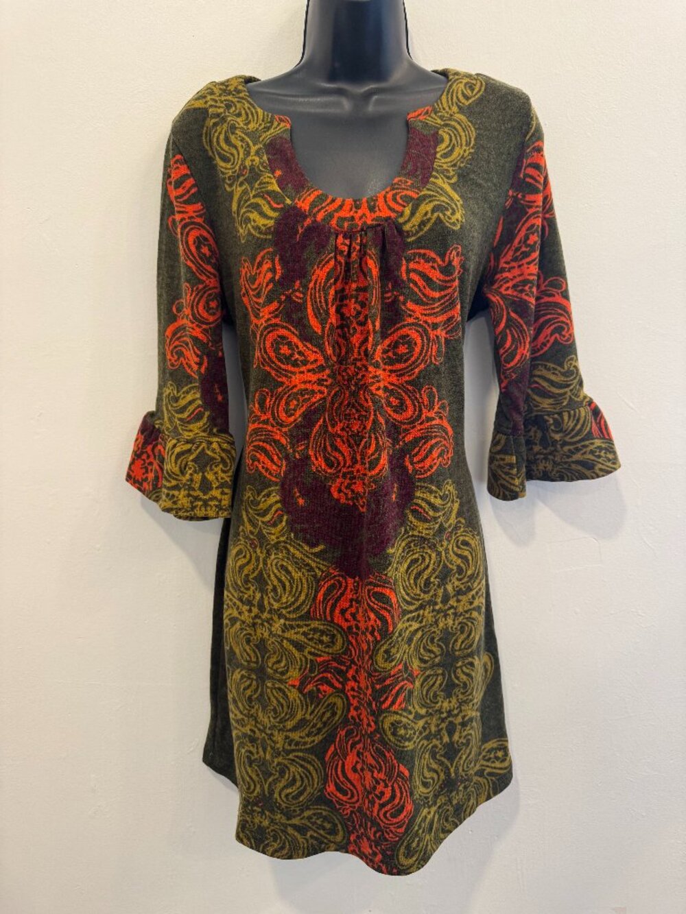 Vintage Size L Abstract Scroll Bell Sleeve Knit Tunic Dress